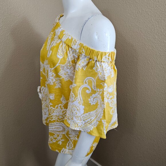 CHICO'S NWT Linen Paisley Off Shoulder Short Sleeve Knit Yellow Top~Size S - Picture 5 of 8